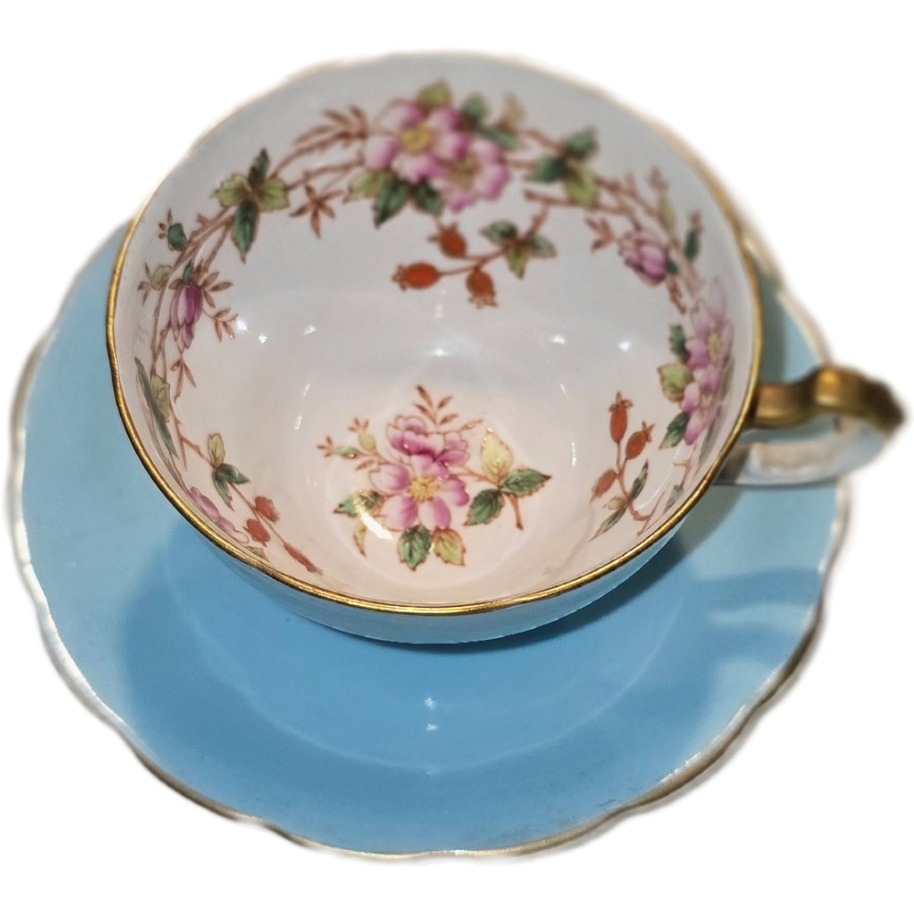Adderley Lawley Bone China Teacup Saucer Set Blue Floral Gold Gilt England F231B